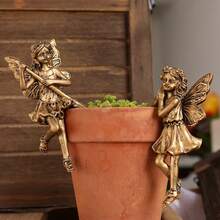 1 Set Copper Elegant Flower Fairy Statue Hanging Decor, Suspended Nymph Sculpture, Spring Fairy Garden Decoration, Simulating Elves Working In The Countryside, Adding Mysterious And Dreamy Charm To The Garden - Imitation Copper Fairy Flower Pot Pendant - View 4
