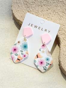 1对女士花卉蝴蝶印花浅粉色陶瓷质感优雅菱形亚克力耳环 - 彩色 - 查看 6