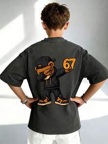 Tween Boy Casual Graphic Print Crew Neck Short Sleeve T-Shirt, Summer Top - Dark Grey - View 4