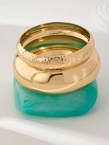 3pcs Resin Bangle Set, Turquoise Metal Thick Round Bangle, Stackable Bracelet Set Suitable For Spring & Summer (Resin Bangle Color Randomly Assorted) - Multicolor - View 2
