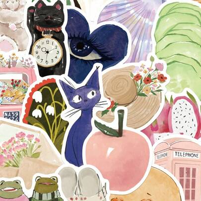 50张趣味动物脸装饰贴纸，可用于滑板、手机壳、笔记本电脑、冰箱、行李箱、卧室、平板电脑、笔记本等，亦可作为学习奖励礼品。