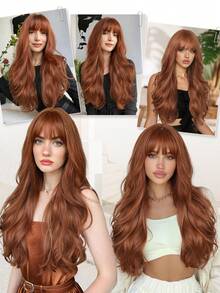 Tóc giả dài màu nâu đỏ có mái, tóc giả tổng hợp gợn sóng nhiều lớp màu gừng dành cho nữ, thích hợp dự tiệc và sử dụng hàng ngày, dài 26 inch. - Nhiều màu - Xem 9