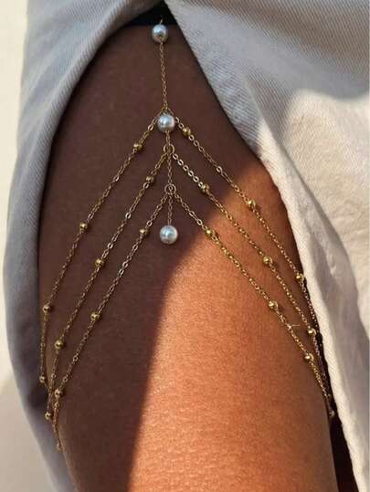 1 pieza Cadena de pierna sexy de múltiples capas con perlas, accesorio sexy de bikini para vacaciones de verano en la playa, cadena de muslo con cristales