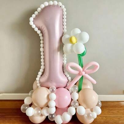 1pc Floral & Number 1 Balloon Set, Featuring Soft Pink, Beige & Transparent Latex Balloons, Paired With Pink Foil Number Balloon, Decorated With White 5-Petal Flowers & Pink Bow, Sweet & Healing Style. Durable Material, Inflates Fully Without Deformation, Suitable For Baby's 1st Birthday Party, Spring Theme Party, Children's Growth Photo Shoot, Etc.