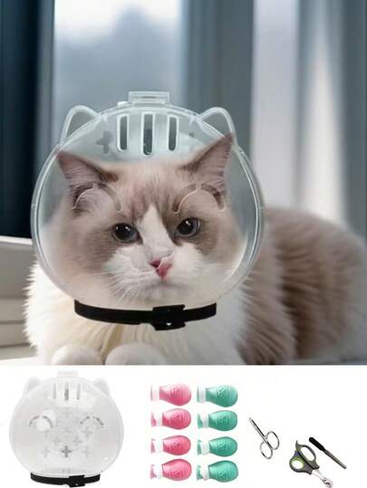 Pressure-Free Breathable Cat Helmet - Anti-Bite Anti-Lick, Adjustable Transparent Pet Space Helmet, Suitable For Bathing And Grooming, Makes Bathing, Nail Clipping And Vet Visits More Secure! Lightweight And Comfortable, Convenient And Comfortable Helmet Suitable For Cat Supplies
