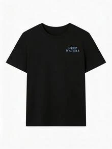 Casual T-Shirt 2026 Marine Animal Print Jellyfish Coral And Phrase Deep Waters Short Sleeve Beach Style Clothing Unisex - 黑色 - 查看 3