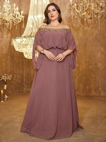 SUPGIR Robe à manches chauve-souris avec épaules dénudées avec patchwork de broderie de sequins de luxe, jupe fluide, robe de soirée formelle - Vieux Rose - Voir 3