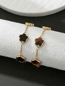 1pc/2pcs Minimalist Fashion Classic Black & White Clover Chain Bracelet Set, Birthday Gift - Black and White - View 12