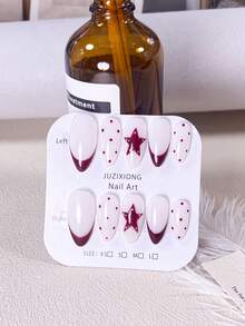 10pcs Handmade Cream White & Burgundy Star Nail Stickers Set (Small/Medium/Large): Cream White Base With Burgundy French Tips, Polka Dots And 3D Star Studs, Sweet And Neutral Style, Fine Glossy Texture, Suitable For Daily Outings, Light Fashion Social Occasions, Reusable, Pearl White Base With Navy Blue French Tips And Polka Dots - Red - View 13