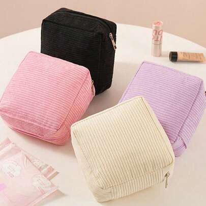 1pc Portable Corduroy Sanitary Pad Storage Bag, Zipper Closure Menstrual Products Pouch, Soft Corduroy Tampon Organizer, Large Capacity Women Hygiene Items Bag Lining, Fashionable Minimalist Sanitary Pad Storage Box, Suitable For Travel, Handbag, Office Desk, Gym Bag, Daily Commute, Work Essentials Organization