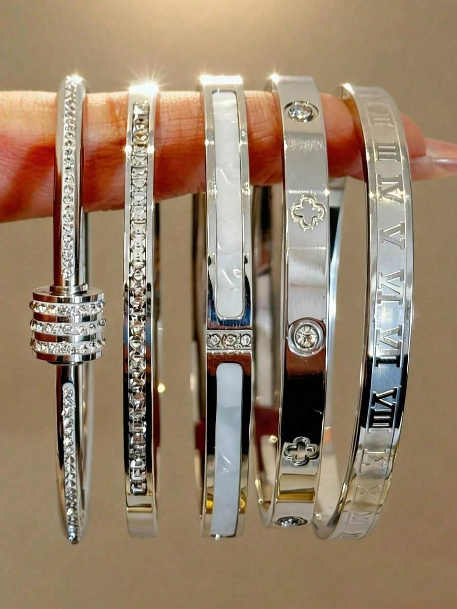 5件套简约优雅奢华闪亮星形手镯，高端钛钢手镯，女士款 - 銀色 - 查看 1