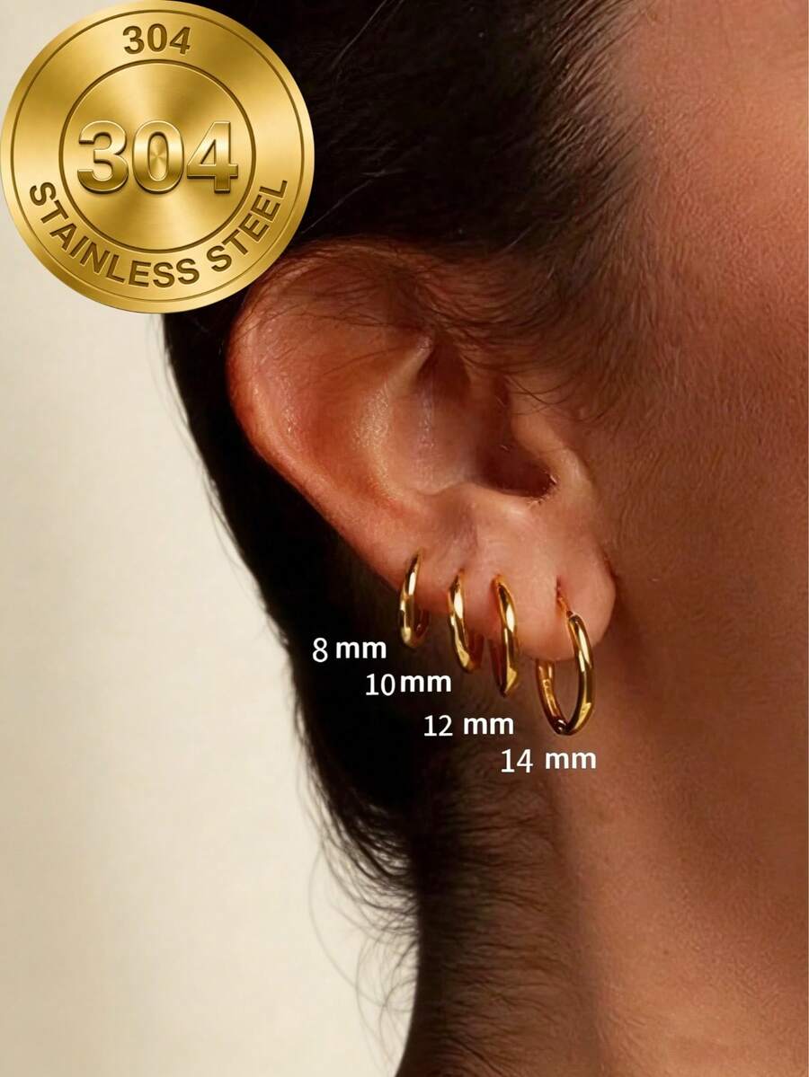 8pcs Solid Stainless Steel Round Hoop Earrings Set, Unisex, Stackable, 18K Gold Plated Mini Cartilage Hoops - Multicolor - View 1