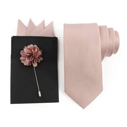 ZONFAZ 3pcs Men's Solid Color Business Fashion Satin Tie, Straight Insert Pocket Square, Boutonniere Combination Set, Suitable For Men's Wedding, Party, Event Attire