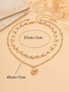 2件套夏季波西米亚海洋风仿珍珠串珠海星颈链，金属贝壳吊坠项链，适合日常佩戴、海滩度假和派对。 - 彩色 - 查看 3