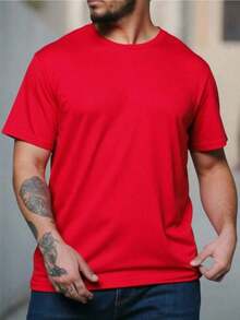 PLAIN ROUND NECK SHORT SLEEVE T-SHIRT - Red - View 4