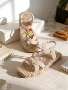 Dép xăng đan trẻ em màu be, dép đế bằng cho bé gái, giày đi biển nhẹ, chống trơn trượt, họa tiết đan ngẫu nhiên, dép đi nghỉ mát phong cách Bohemian, thích hợp cho mùa xuân và mùa hè. - Màu be - Xem 2