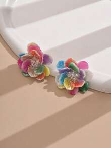 1 par de pendientes florales acrílicos minimalistas y lindos para mujeres (color de pétalo aleatorio) - Multicolor - Ver 4