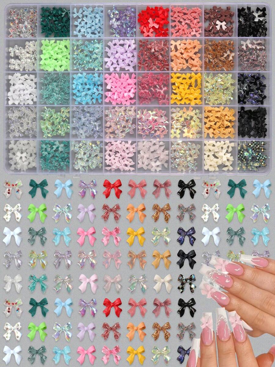 1 Box Assorted Color Ribbon Decorations, Suitable For Spring/Summer, Petite Bow Design For Nail Art Decoration, Japanese Style DIY Mini Bow Nail Accessories, Random Mixed Colors Nail Charm - Multicolor - View 1