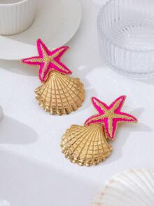 一对度假风海洋主题女士耳环，饰有时尚的波西米亚贝壳、海星和其他海洋生物造型。耳环采用夸张的金属设计，适合日常佩戴、街头风和海滩派对。 - 一對耳環 - 查看 3