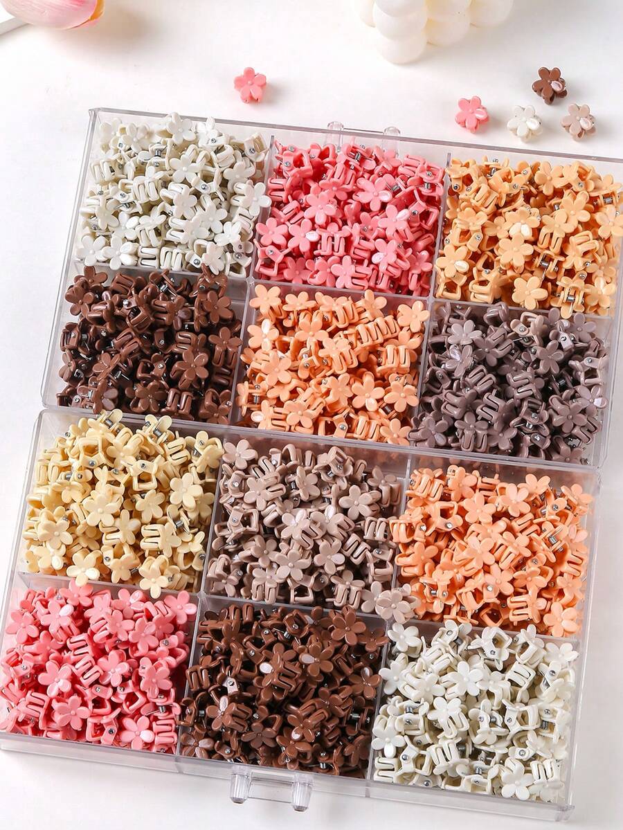 100个/包 彩色随机花朵迷你发夹，时尚清新简约可爱女孩发饰，适合日常使用 - 彩色 - 查看 1