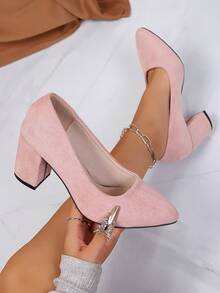女士尖头粗跟套脚高跟鞋，百搭专业通勤鞋，粉色绒面革，工作鞋 - 粉色 - 查看 3