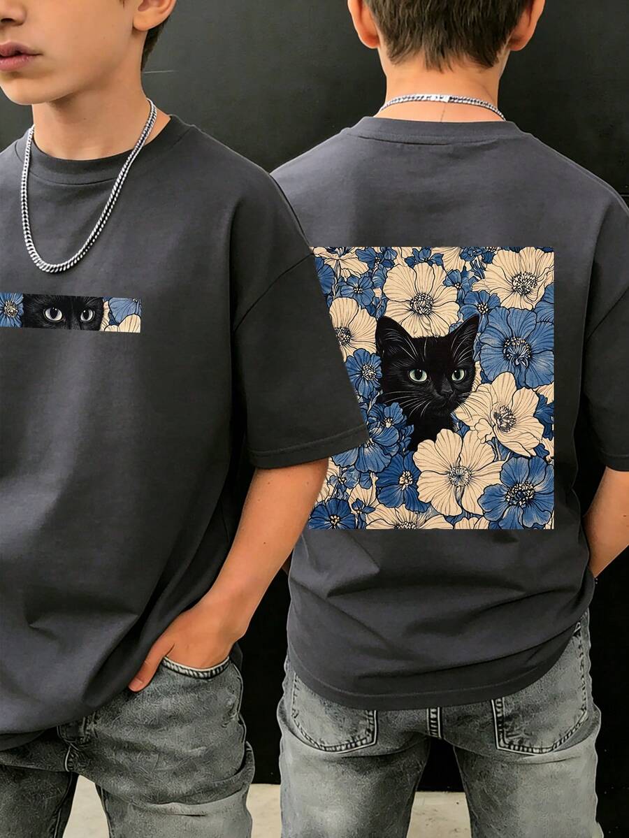 1 buah Kaos Pullover Lengan Pendek Bergambar Kucing untuk Anak Laki-laki Remaja, Atasan Musim Panas untuk Anak-anak, Pakaian Pelajar Muda - Dark Grey - View 1