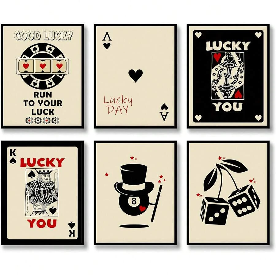 6pcs Poker Wall Decor Set, Retro Pink/Black Ace & Queen Playing Card Minimalist Style Canvas Artwork, Suitable For Bedroom, Living Room, Gallery, Bar, 8*10 Inch Frameless - Black - View 1