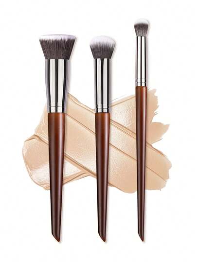 SEPROFE 3pcs Makeup Brush Set, Red Wood Color Foundation Brush, Multi-Purpose Concealer Brush, Premium Quality Handle, Ultra Soft Fibers Fit Face & Eyes, Seamless Natural Makeup Tools For Daily Use