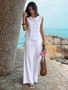 PoPoHouse 女士 100% 纯棉两件套，无袖纽扣门襟上衣搭配宽松阔腿裤，适合日常休闲办公通勤、夏季海滩度假外出穿着，白色套装 - 白色 - 查看 9