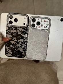 优雅小众时尚蕾丝手机壳，兼容 17 Pro Max、17、16、15、14，韩版风格，防震保护套，兼容 17 Pro、16 Pro、13 - 黑色 - 查看 3