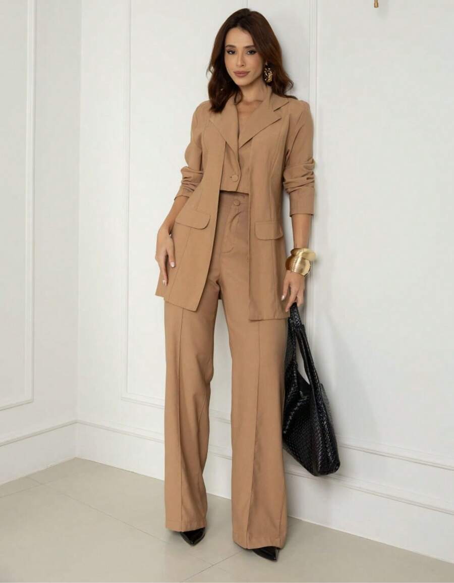 Women's Premium Blazer And Pants Set - Beige - View 1