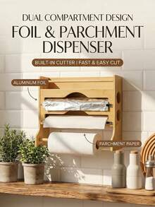 1 piece: Cling film cutter, wall-mounted bamboo and wood kitchen storage rack, foil box and paper towel holder, two-way sliding blade multi-layer organizer, 2-layer and 3-layer options, with hanging rod. - مشاهدة 3