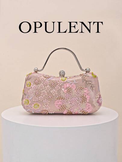 1pc Elegant Sequin Embroidered Pink Evening Clutch Bag, High-End Engagement Party Handbag, Suitable For Pairing With Cheongsam Dress, Features Metal Chain, Showcasing Graceful Style. Suitable For Parties, Weddings, Balls, Formal Dinners. Perfect Match For Women's Prom Dress, Sequin Dress, Shiny Dress, Floral Element Elegant Dress (Random Pattern)