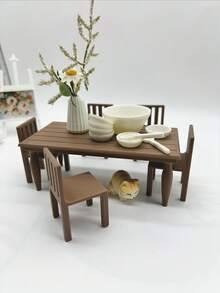 Mesa de Jantar Miniatura de Plástico Impressa em 3D, Decoração de Móveis de Micro Casa de Bonecas, Acessórios Modelo Miniatura para Casa, Adereços de Cena de Restaurante de Casa de Bonecas, Mesa Pequena, Cadeira com Encosto, Vaso, Modelos de Móveis em Micro Escala, Adereços de Fotografia de Micro Cena - Mesa de nogueira - Visão 5