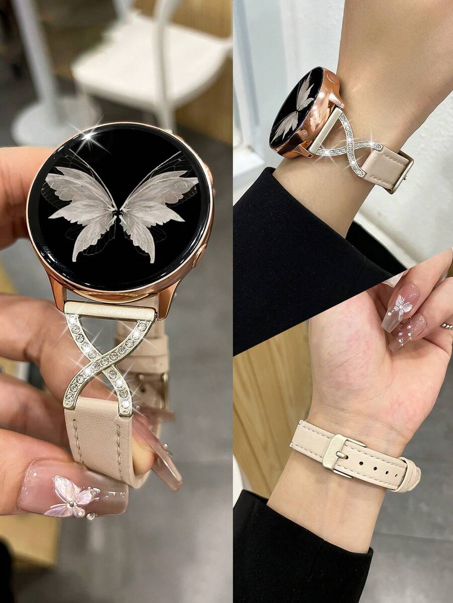 20mm X-Shape Cow Leather Watch Band With Rhinestones, Suitable For Samsung, Watches - Apricot - View 1