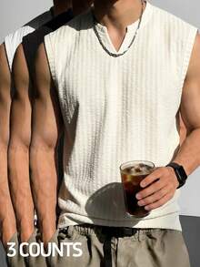 Bộ 3 áo tank top nam cổ chữ V không tay, áo tank top xếp ly có họa tiết, chống nhăn, dễ bảo quản, đơn giản và đa năng, thích hợp để mặc nhiều lớp vào mùa hè, mặc hàng ngày và đi làm. - Nhiều màu - Xem 2