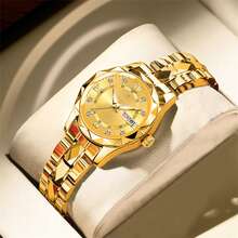 奢华女士金表礼品，不锈钢材质，外观精致，纤薄表带，银色紧凑型不锈钢表盘，镶钻刻度，夜光日历日期显示，50米防水，日本石英机芯，生日礼物，送给妈妈、妻子、朋友、爱人的礼物，纪念品，开学必备 - 金色 - 查看 10