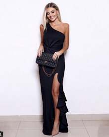 Women's Summer Ruffled Hem Floor Length Evening Dress Large Slit Solid Color  Elegant Party Cocktail Dress - 紅色 - 查看 10