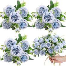 1 Bó hoa mẫu đơn giả bằng lụa, hoa hồng giả trang trí, thích hợp cho mùa thu, năm mới, đám cưới, nhà cửa, nhà hàng, phòng ngủ, ngày lễ, tiệc sinh nhật, sân vườn ngoài trời. - Màu xanh nhạt - Xem 4