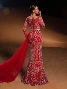Faeriesty Elegant Women's Sequin Embroidered Mermaid Long Sleeve Evening Gown, Suitable For Romantic Valentine's Day Dates, Destination Luxury Weddings, Red Carpet Formal Parties And Other Occasions Vacation Spring Party - Red - View 6