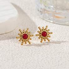 1 Pair 18K Gold Plated Stainless Steel Bohemian Sunflower & Tiger Eye Stone Earrings, Vintage High-End Fashion Earrings For Women - Gold - View 7