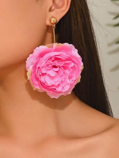 1 Pair Exaggerated 3D Geometric Fabric Flower Earrings For Women