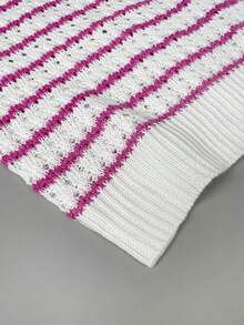 Women's Crochet Striped Knit Sleeveless Top, Lightweight Round Neck Ruffle Hem Short Sleeve Blouse Pink Summer - Pink - View 11