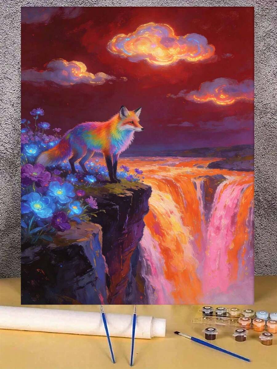 彩色狐狸日落瀑布风景DIY数字油画帆布画工艺品成人家居装饰40x50厘米/16x20英寸节日礼物 - 40*50厘米 - 查看 1
