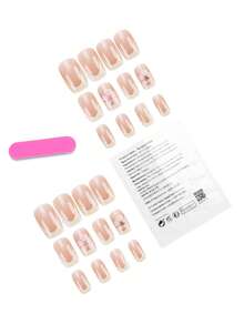 24 Pieces Press On Nails Square/Naked Translucent Powder+Milky White French+Three-Dimensional Flowers, Perfectly Blending French Elegance And Spring Romance, Suitable For Gentle Scenes Such As Dates, Afternoon Tea, Weddings, Etc., It Is A Typical Pure Desire Style Spring Nail Art - Multicolor - View 2