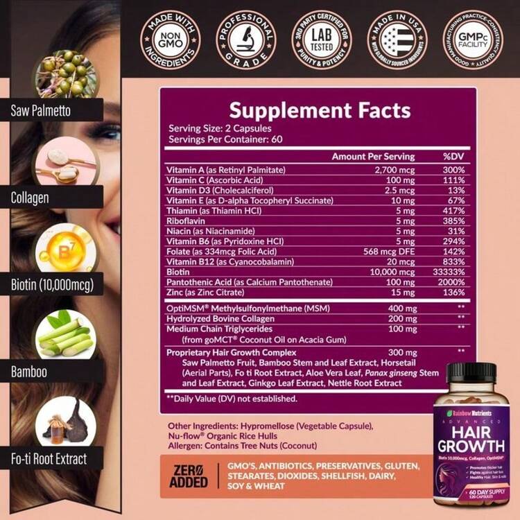 24-In-1 Advanced Hair Growth Vitamins | Biotin 10,000mcg, Collagen, Patented OptiMSM, GoMCT, Saw Palmetto | Naturally Regrow Stronger & Healthier Hair, Skin And Nails | Stops Hair Loss | 60 Day Supply - 80克 - 查看 3
