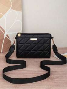 Túi đeo chéo nữ màu đen chần bông, túi đeo vai bản rộng họa tiết hình thoi thời trang, ví cầm tay mini, phù hợp cho các dịp thường nhật và tiệc tùng. - màu đen - Xem 6