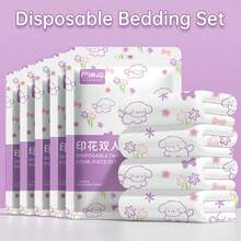 Portable Disposable Bedding Set, Purple Puppy Print, Travel Hotel Disposable Bedding Set, Includes Bed Sheet + Duvet Cover + Pillowcase, Disposable, Clean, Convenient, Hygienic - Multicolor - View 10