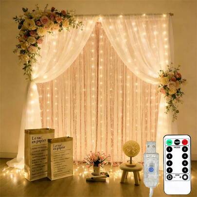 1 pieza Luces de cortina LED de 100/200/300/600, 8 modos de parpadeo, control remoto, luces de hadas para decoración de boda, fiesta, corona, alimentadas por USB para el hogar, dormitorio, sala de estar, escenario, adecuadas para iluminación de vacaciones, decoración, fiesta de cumpleaños, graduación, fondo de ceremonia de boda
