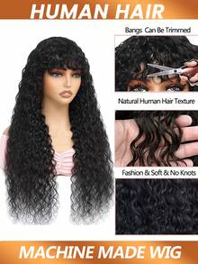 Water Wave Human Hair Wig With Bangs Machine Made Wigs Virgin Brazilian Hair Curly Wig Wear And Go Glueless Wig For Women 180% Density - Natural Black - View 4
